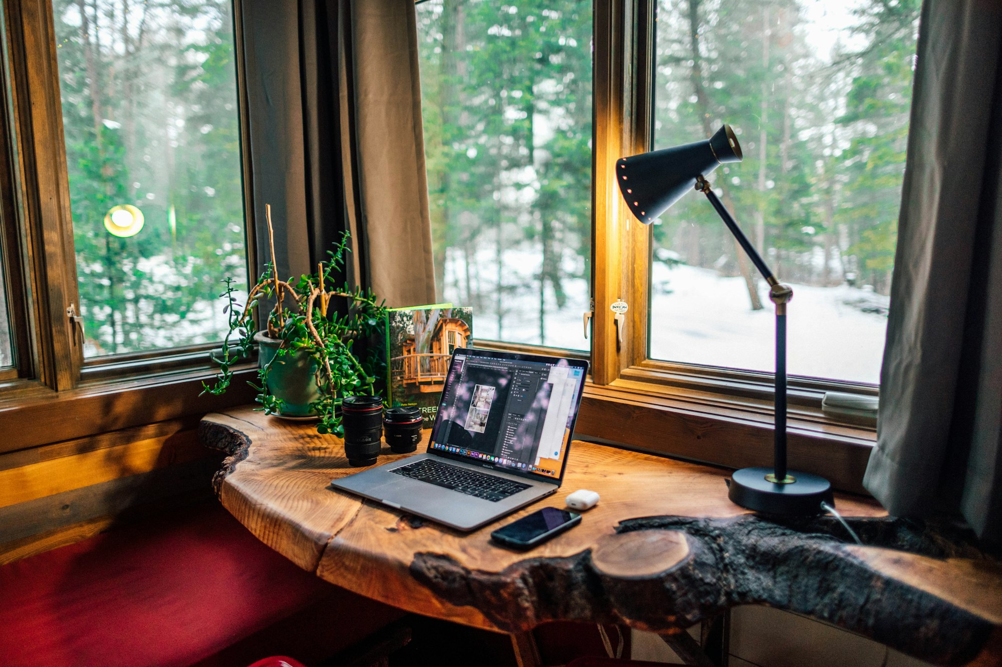 A wooden desk in warm morning light — laptop, lamp, and plants by the window